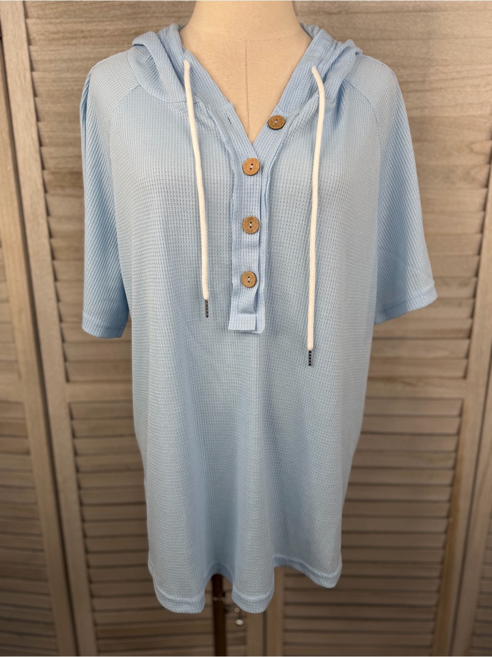 SHEIN (Curve) Women's Waffle Knit Hooded Top w Button Henley Neck Light Blue-1XL